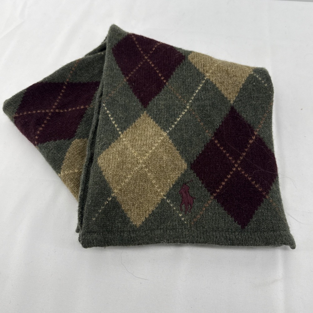 Vintage Mens Polo Ralph Lauren Wool Scarf Argyle 72" x 8" Pony Logo Preppy